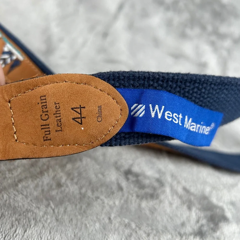 West Marine Mens Sailboat Embroidered Leather Canvas Belt Navy Tan Size 44 Brass